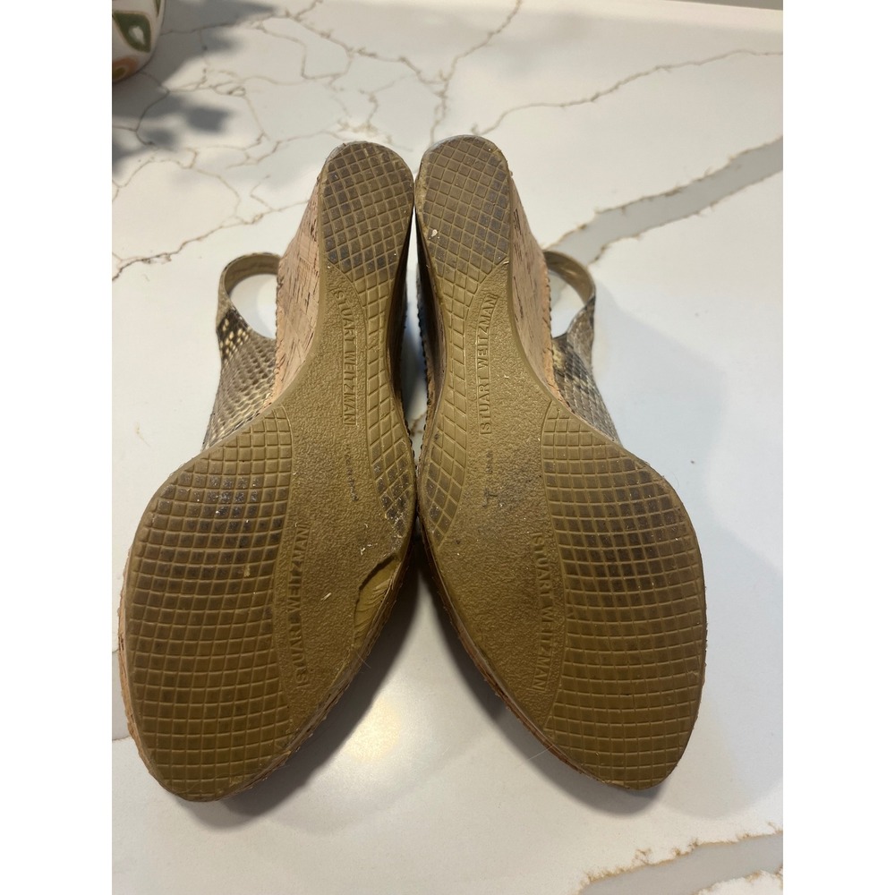 Stuart Weitzman Snakeskin Embossed Cork Wedge Slingback Sandals Brown 7.5 M - Picture 8 of 8